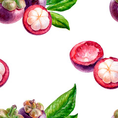 Seamless pattern with mangosteen fruits and leaves for a vibrant, tropical look