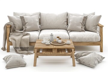 Fototapeta premium Elegant beige sofa set with pillows and coffee table, creating a cozy and stylish living room setting.