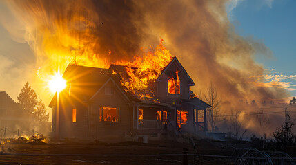 The house is burning, emitting a glow of orange and yellow flames