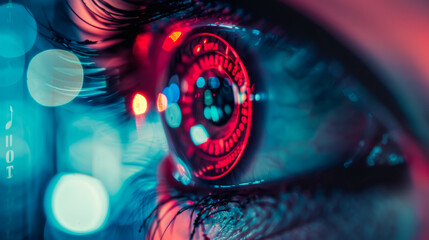 Close-up of a human eye going through a neon security scanner. Privacy and cybersecurity concept.