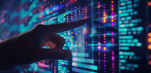 A hand touching the screen, with colorful lines of DNA and multiple bar charts on it