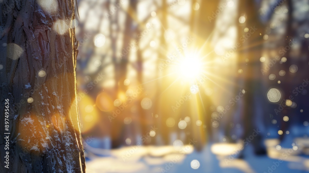 Poster A tree trunk with snow on it and sun shining through the branches