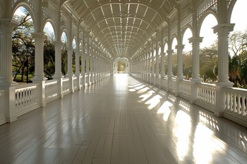 Obraz premium Elegant colonnade with white pillars and sunlit walkway, creating a serene and classical architectural scene.