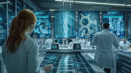 Advanced Futuristic Laboratory for Genome Sequencing and Genetic Analysis with Molecular Models and Digital Interfaces for Data Analysis - Hyper-Realistic 8K Ultrarealistic Photography