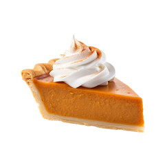 A slice of pumpkin pie topped with whipped cream. This image for themes related to autumn, Thanksgiving, and dessert. PNG image, cutout, isolated on transparent background