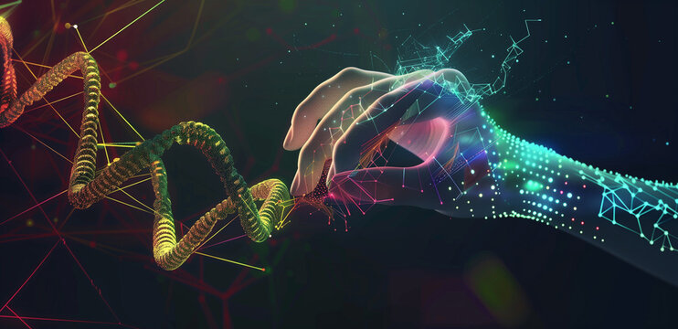 
Hand touching DNA bar charts and data visualization on digital screen, pointing to dna towering with colorful stripes, dark blue background. - Powered by Adobe