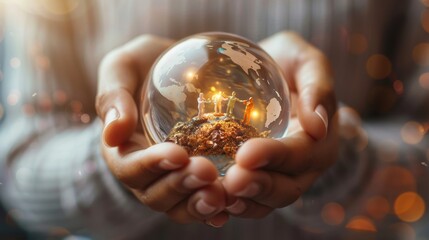 A person is holding a globe in their hands