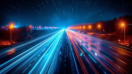 A vibrant night scene capturing flowing vehicle lights on a busy highway, showcasing the dynamic motion of city life.