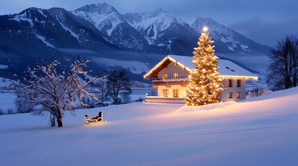 Fototapeta premium A house with a Christmas tree and a sleigh in the snow