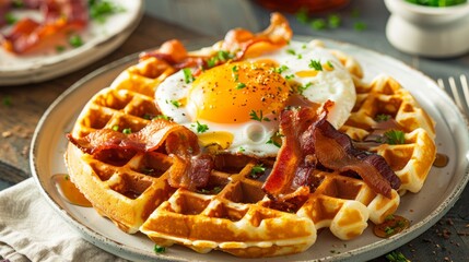 Fototapeta premium A plate of waffles is topped with crispy bacon and a perfectly fried egg