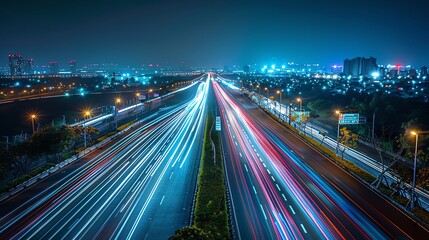 Fototapeta premium A mesmerizing night view of a busy highway with vibrant light trails, capturing the essence of urban life and movement.