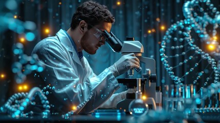 Cutting-Edge Genetic Research: Scientist Analyzing DNA with Microscope in High-Tech Lab Setting