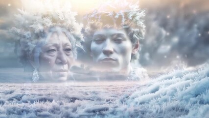 Imaginative animated picture shows an ice queen and an ice prince as ghostly fantasy figures. The mother and her son are half transparent in front of an icy landscape. The prince speaks. - Powered by Adobe