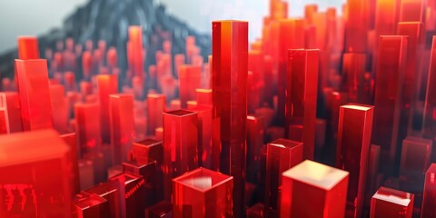 Fiery red blocks shoot upwards, representing explosive growth in stock values on a volcanic backdrop.