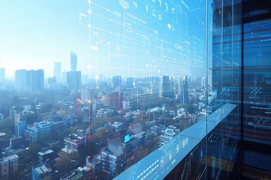 New Delhi city in the future. skyline of skyscrapers and the digital data stream connecting buildings, smart development. showing various data flow visualizations