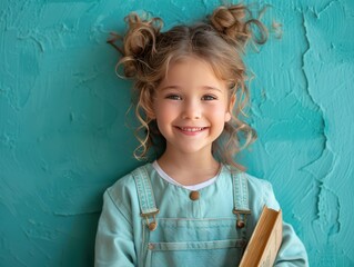 Fototapeta premium Cheerful Professional with Thesaurus in Hand Smiling on Teal Background - High Resolution Digital Illustration