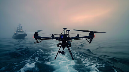 Drone navigating over ocean, ships and helicopters in twilight, maritime surveillance, security applications, targeted at defense, environmental monitoring, high-tech industries, capturing urgency