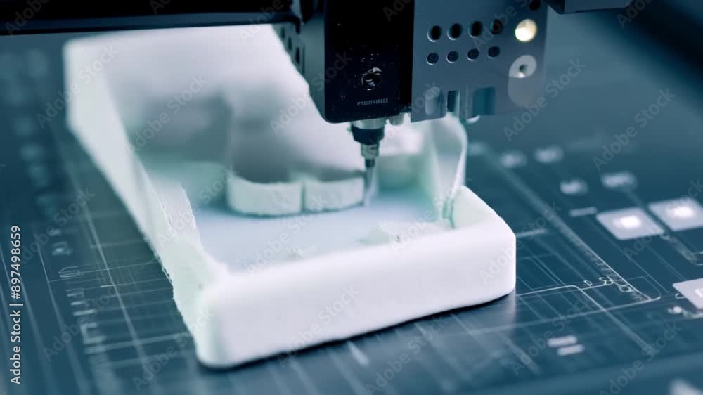 Aufkleber A 3D printer in a workshop environment creates a white plastic object. The printer's head moves across the platform, depositing plastic layer by layer.