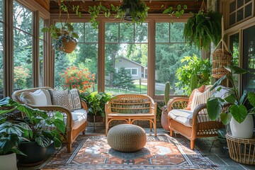 Fototapeta premium Cozy sunroom with wicker furniture, lush indoor plants, and large windows overlooking a garden, creating a serene and inviting space.