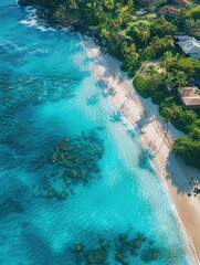 Obraz premium Aerial shot of a stunning Hawaiian beach, turquoise sea, white sand, palm trees, coastal houses, Generative AI, bright and serene, idyllic and tropical