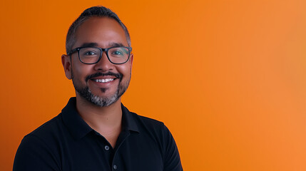 Obraz premium Smiling man with glasses and a salt and pepper beard wearing a black polo shirt stands against an orange background