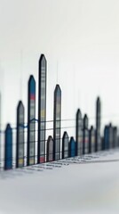 Obraz premium Financial bar chart with a sharp spike in stock values, set against a plain white surface.