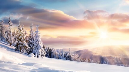 A snowy mountain landscape with a bright sun shining through the clouds