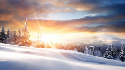 Fototapeta premium A snowy landscape with a bright sun shining through the clouds