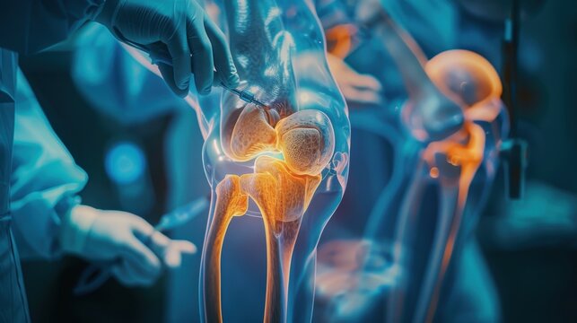 A surgical imaging photo showing the detailed anatomy of the knee joint during an arthroscopic procedure, highlighting the bones, ligaments, and surgical instruments with precise clarity, set against