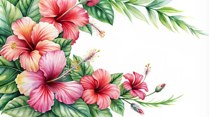 Beautiful tropical leaves rendered and hibiscus blossoms in watercolor on a white backdrop with blank area for text