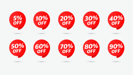 Retail Sale Ad Vector with Red Round and Circle Tags Icon Set Collection. 5 to 90% Discounts on Special Offer. Vector.