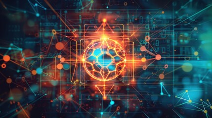 Obraz premium An abstract representation of nuclear medicine, using geometric shapes and vibrant colors to depict the process of radioactive tracer imaging, set against a dark background to create a visually