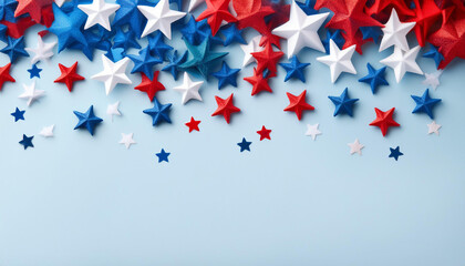 Vibrant red, white and blue star decorations on light blue background, for patriotic events, Independence day or president election. Love America, USA country patriotic banner with copy space