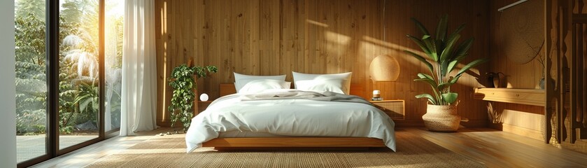 Bedroom with minimalist decor white linens natural wood accents large window clean lines modern Scandinavian illustration