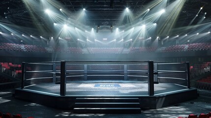 a boxing ring in a dark arena with bright lights