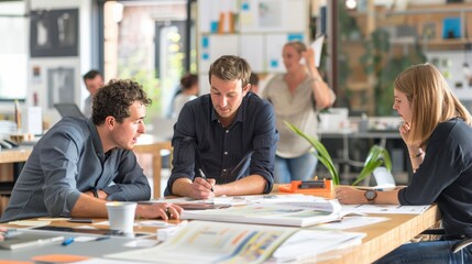 Highlight the ingenuity of industrial design with photos of architects and engineers brainstorming ideas in a creative studio environment.