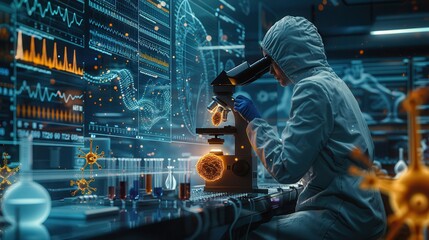 Cutting-Edge Genetic Research Laboratory with Scientists Analyzing Cellular Samples and Molecular Data under High-Powered Microscope - Hyper-Realistic 8K Ultrarealistic Photography