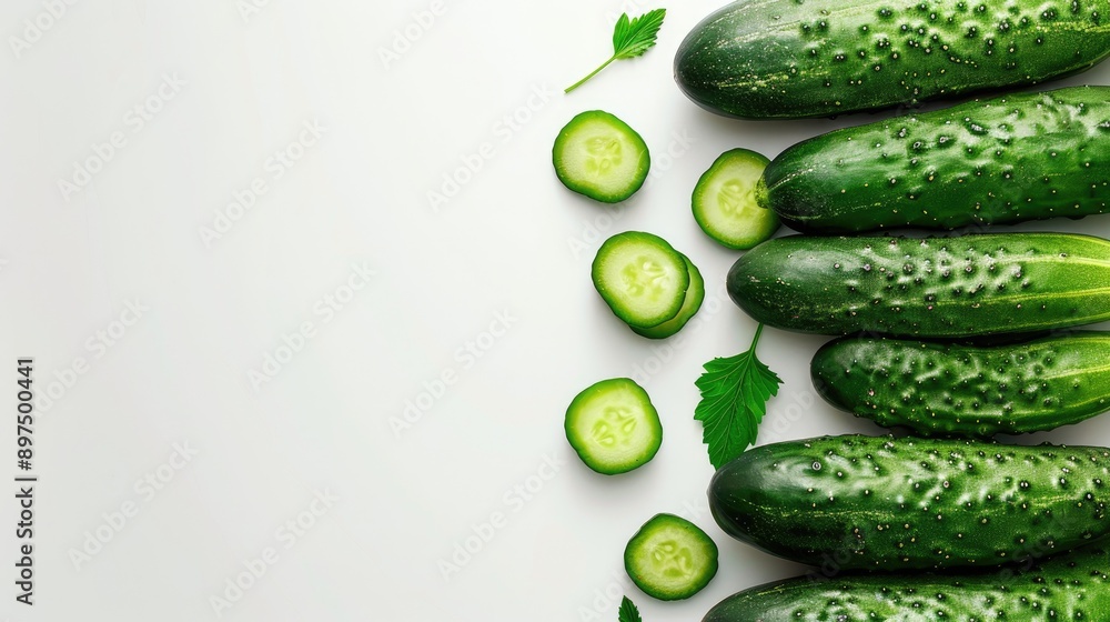 Poster fresh cucumbers on white background front view with copy space close up