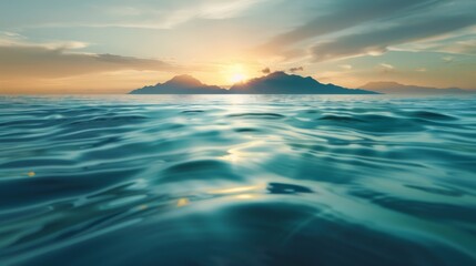 Fototapeta premium A picturesque sunset over the ocean, revealing an island with gentle waves and a serene sky, creating a tranquil scene