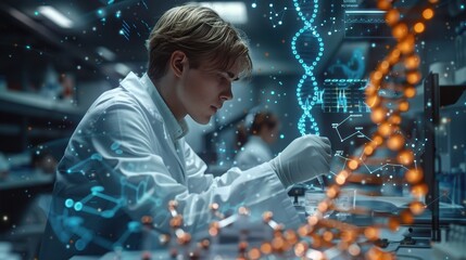 Hyper-Realistic Digital of Scientist in Lab Coat Conducting Molecular Biology Experiment with Sophisticated Equipment and Molecular Models in Ultra High-Resolution