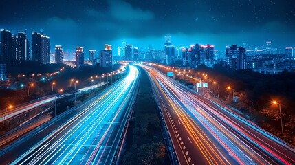 Fototapeta premium Vibrant cityscape at night capturing light trails on a busy highway, showcasing urban life and dynamic motion.