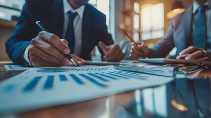 Business professionals analyzing financial data and discussing strategies in a modern office setting with graphs and charts.