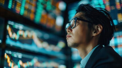 Fototapeta premium Focused professional analyzing financial data on screens, embodying determination and insight in a modern trading environment.