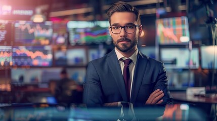 Fototapeta premium Serious businessman in suit standing confidently in a modern office with financial graphs and charts in the background.
