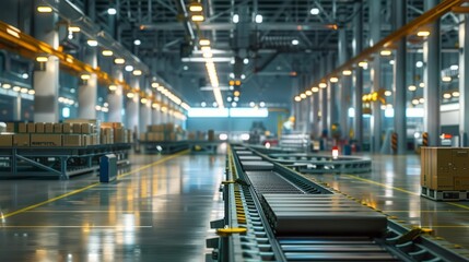 Spacious warehouse interior with conveyor belts and organized packaging areas, showcasing modern logistics and distribution processes.