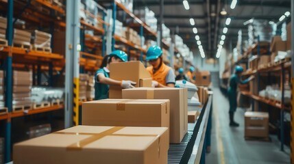 Workers efficiently packing boxes in a modern warehouse filled with shelves of products and organized logistics.