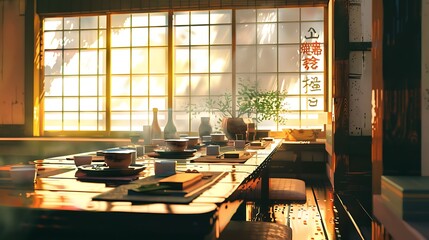 Japanese Tea Ceremony with Sunlight Streaming in