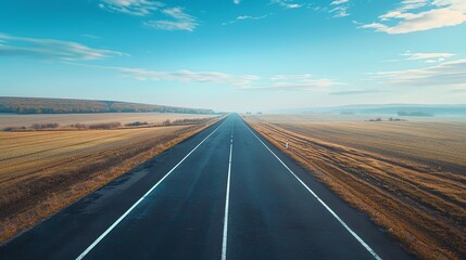Naklejka premium A scenic aerial view of a long road stretching through golden fields under a bright sky, perfect for travel and adventure themes.
