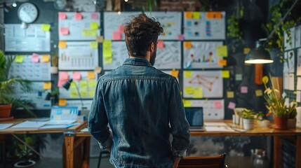 A person analyzes project documents on a wall covered in sticky notes and graphs in a creative workspace.