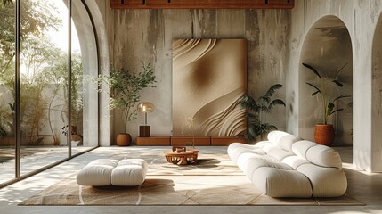 Living room with minimal decor neutral color scheme large abstract art piece floor lamp clean lines digital render